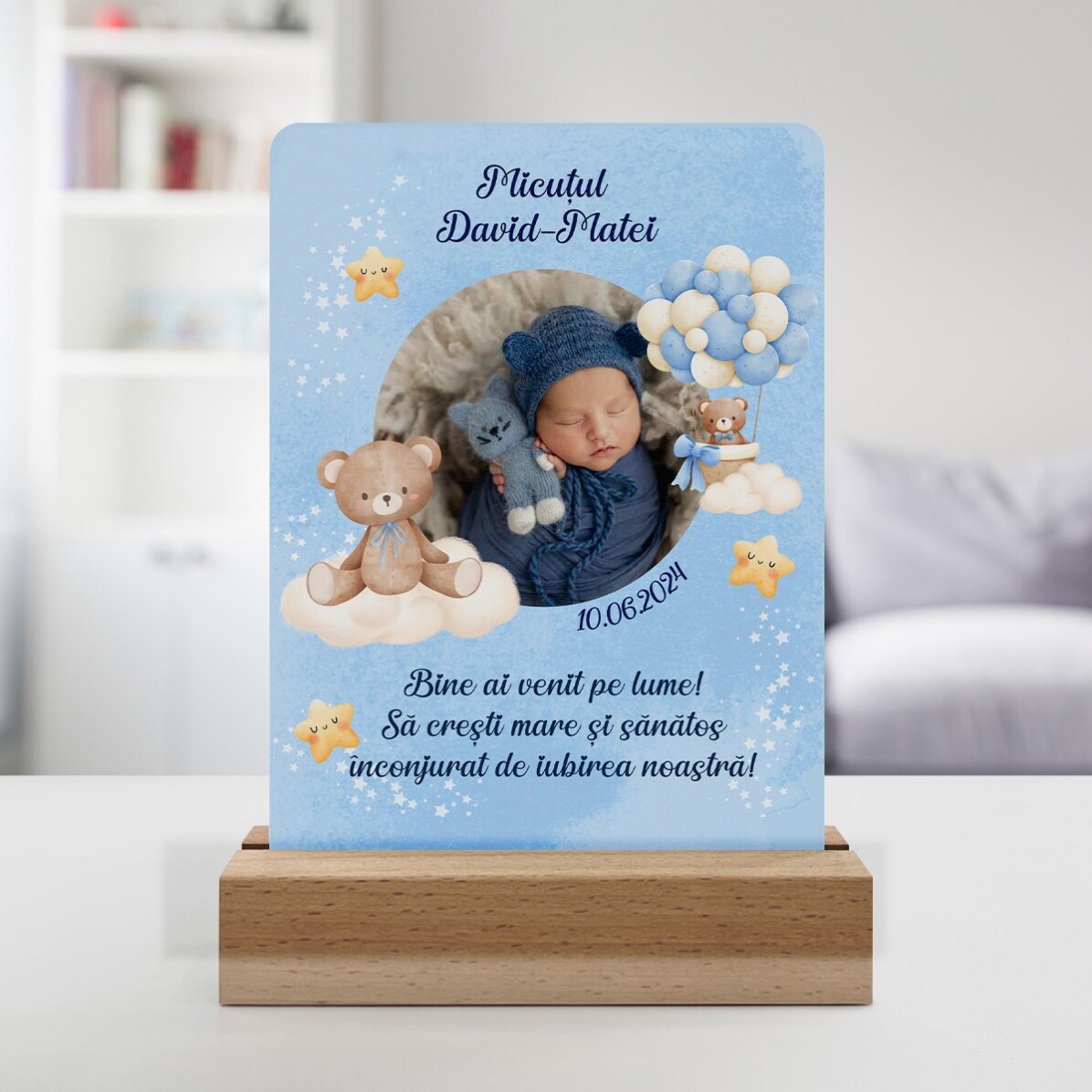 Lampă veghe LED personalizată cu poză și text - Baby Boy