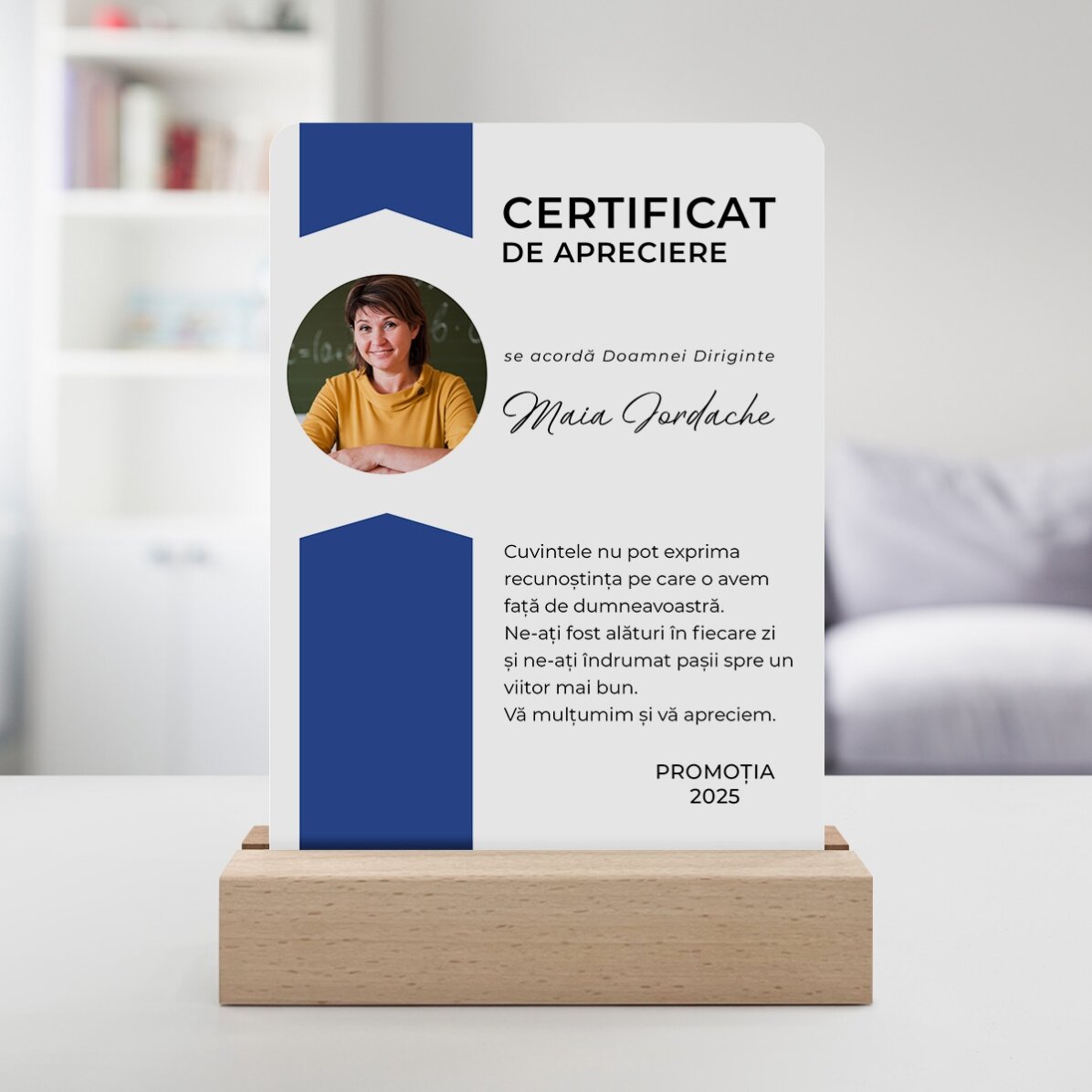 Lampă veghe LED personalizată cu o poză și mesaj - Certificat de apreciere
