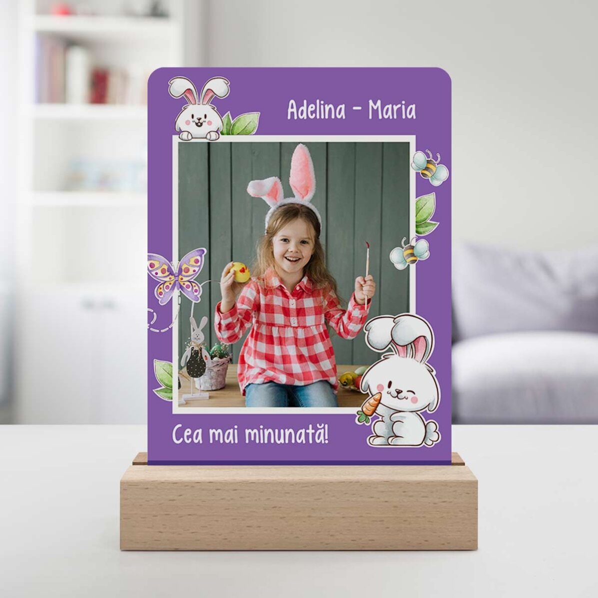 Lampă veghe LED personalizată cu o poză și text - Iepuraș