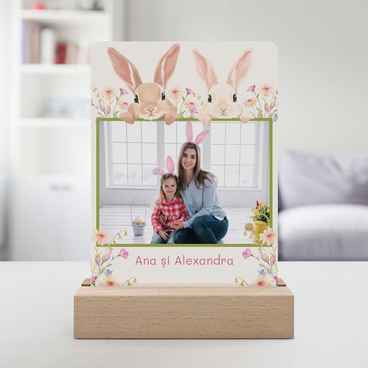 Lampă veghe LED personalizată cu o poză și text - Iepuri