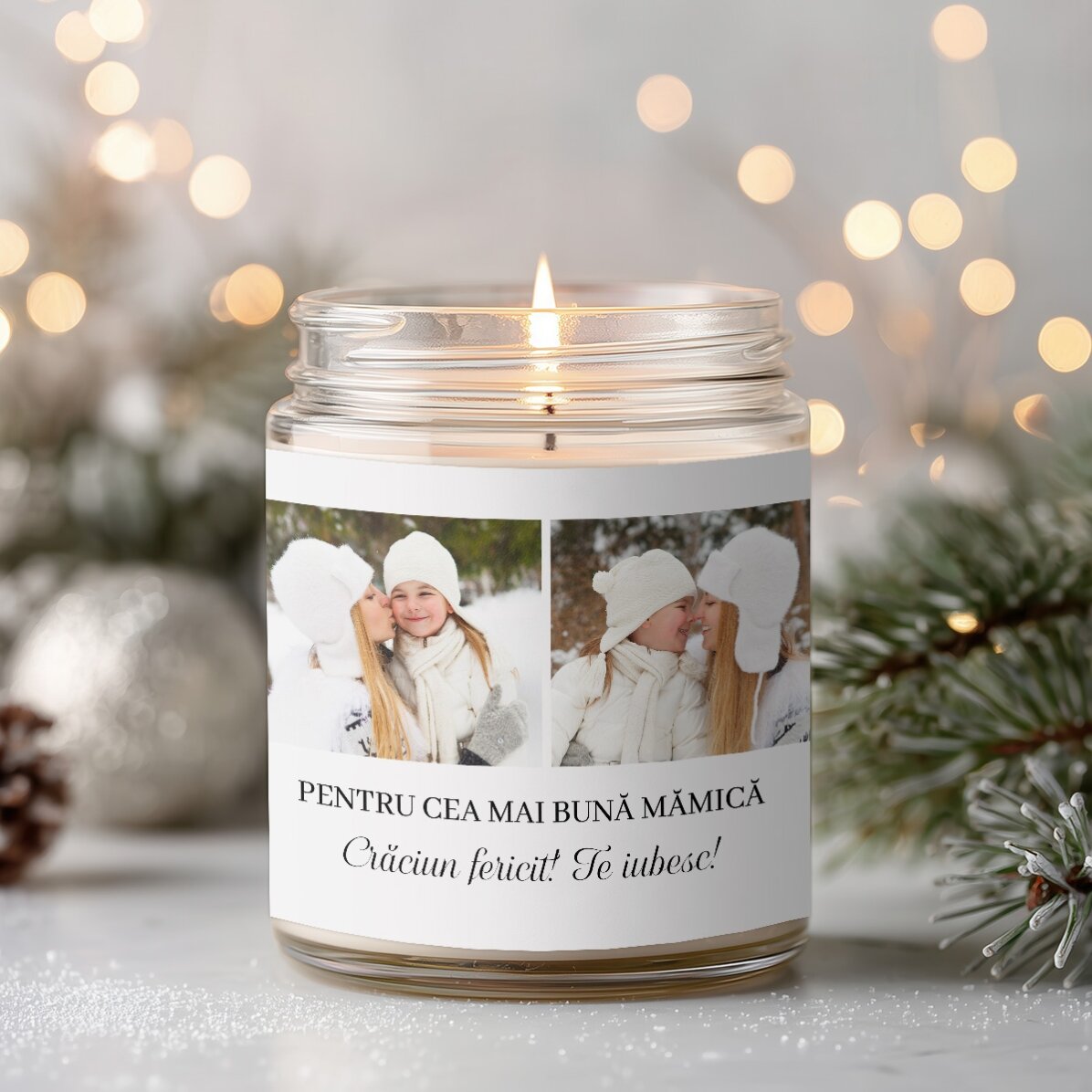 Lumânare mare parfumată personalizată cu 2 poze și text 