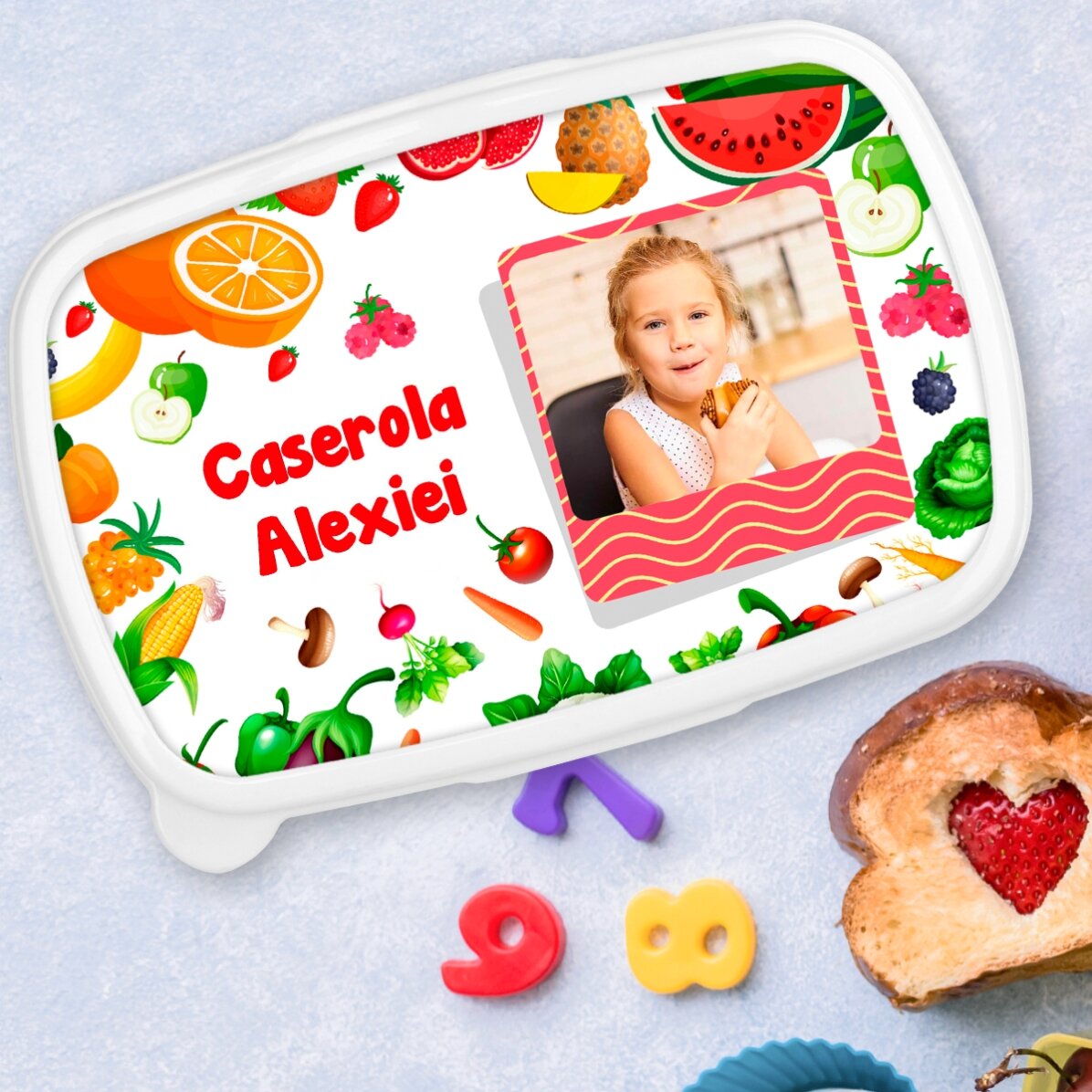Lunch box, caserolă personalizat cu o poză și text - Fructe și legume