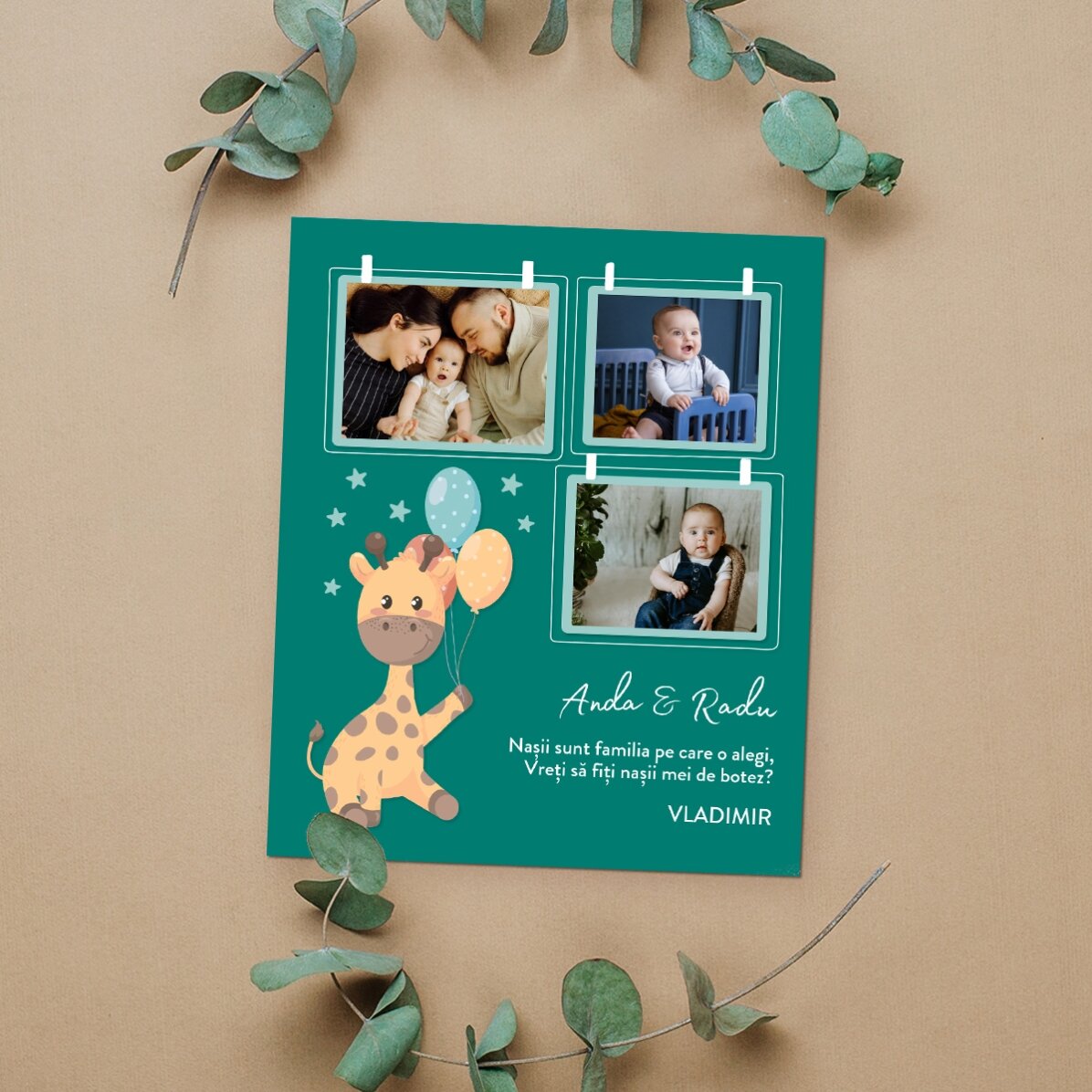 Magnet 10x12 cm personalizat cu 3 poze și text - Baby