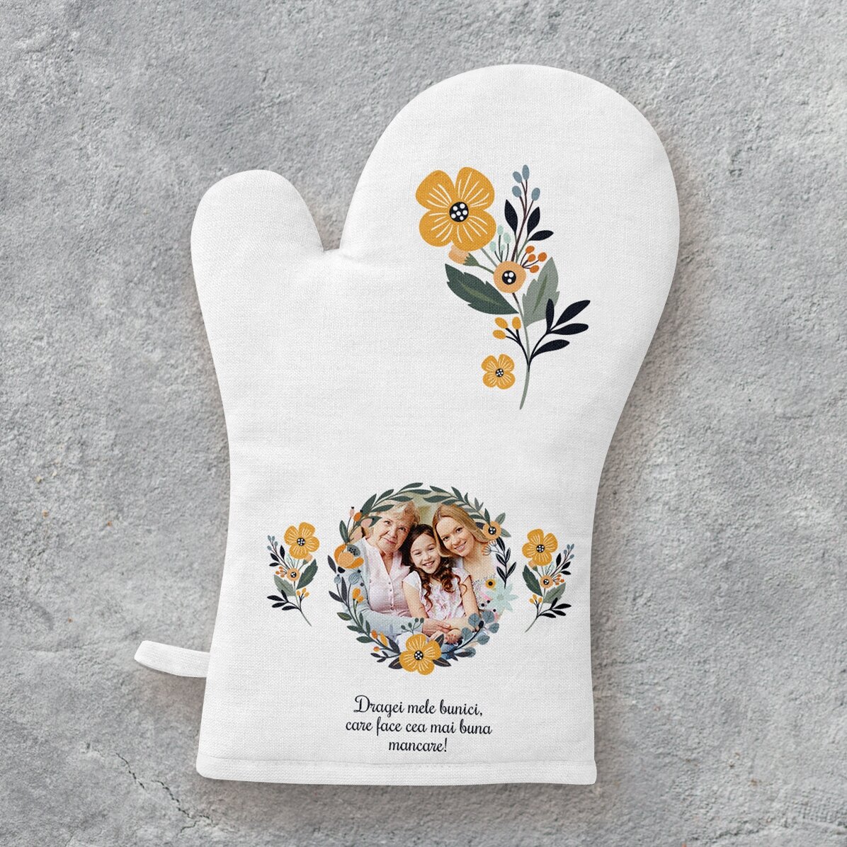 Mănușă de bucătărie personalizată cu poză și text - Model flori