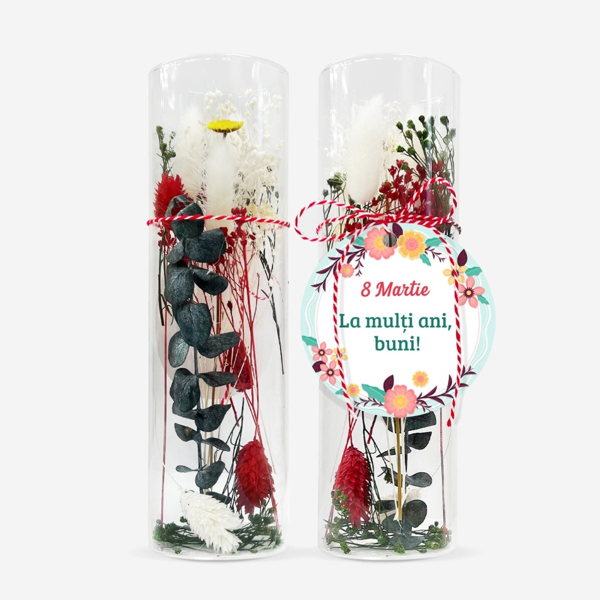 Ornament mărțișor din sticlă cu flori prezervate personalizat cu mesaj - Mărțișor