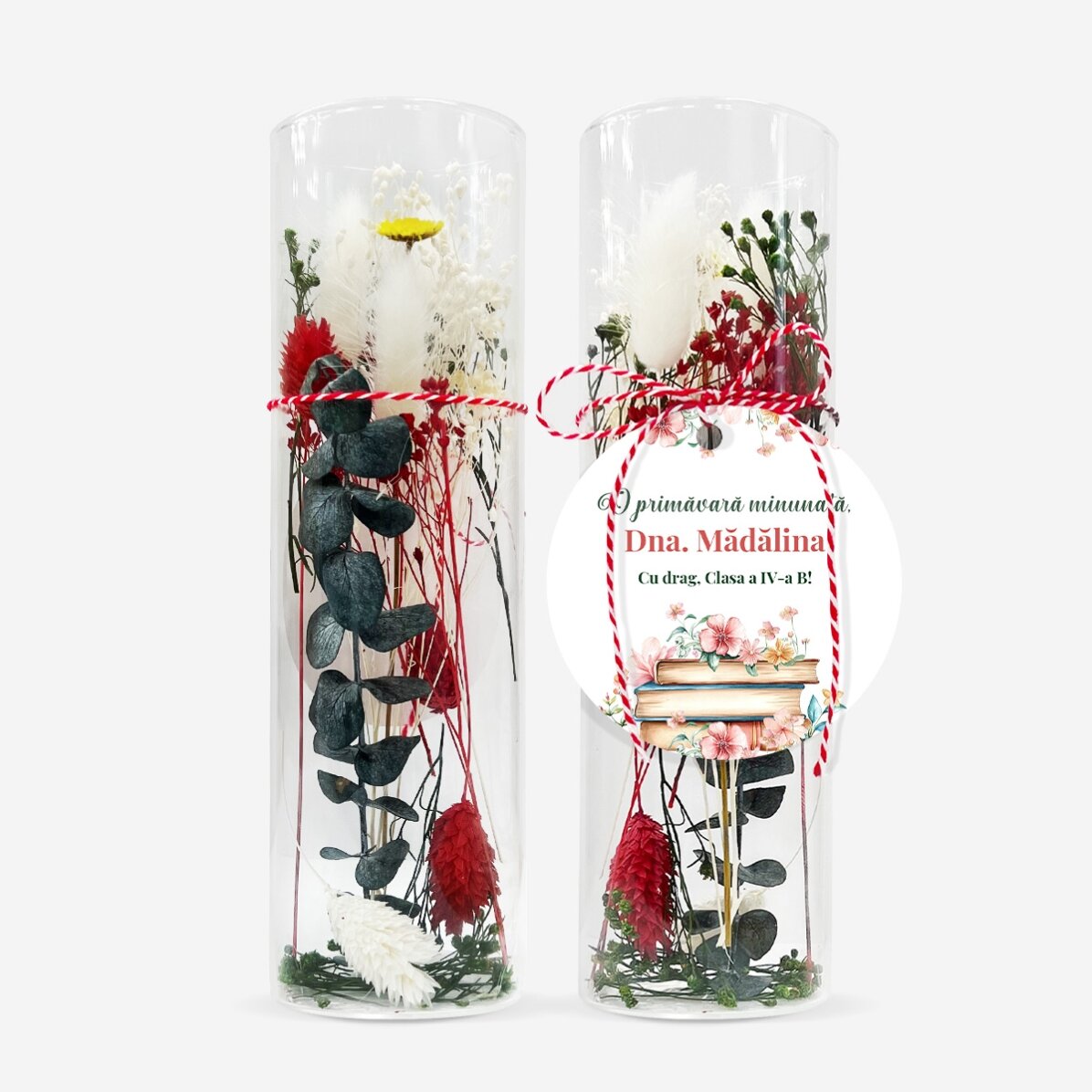 Ornament mărțișor din sticlă cu flori prezervate personalizat cu mesaj pentru profesoară