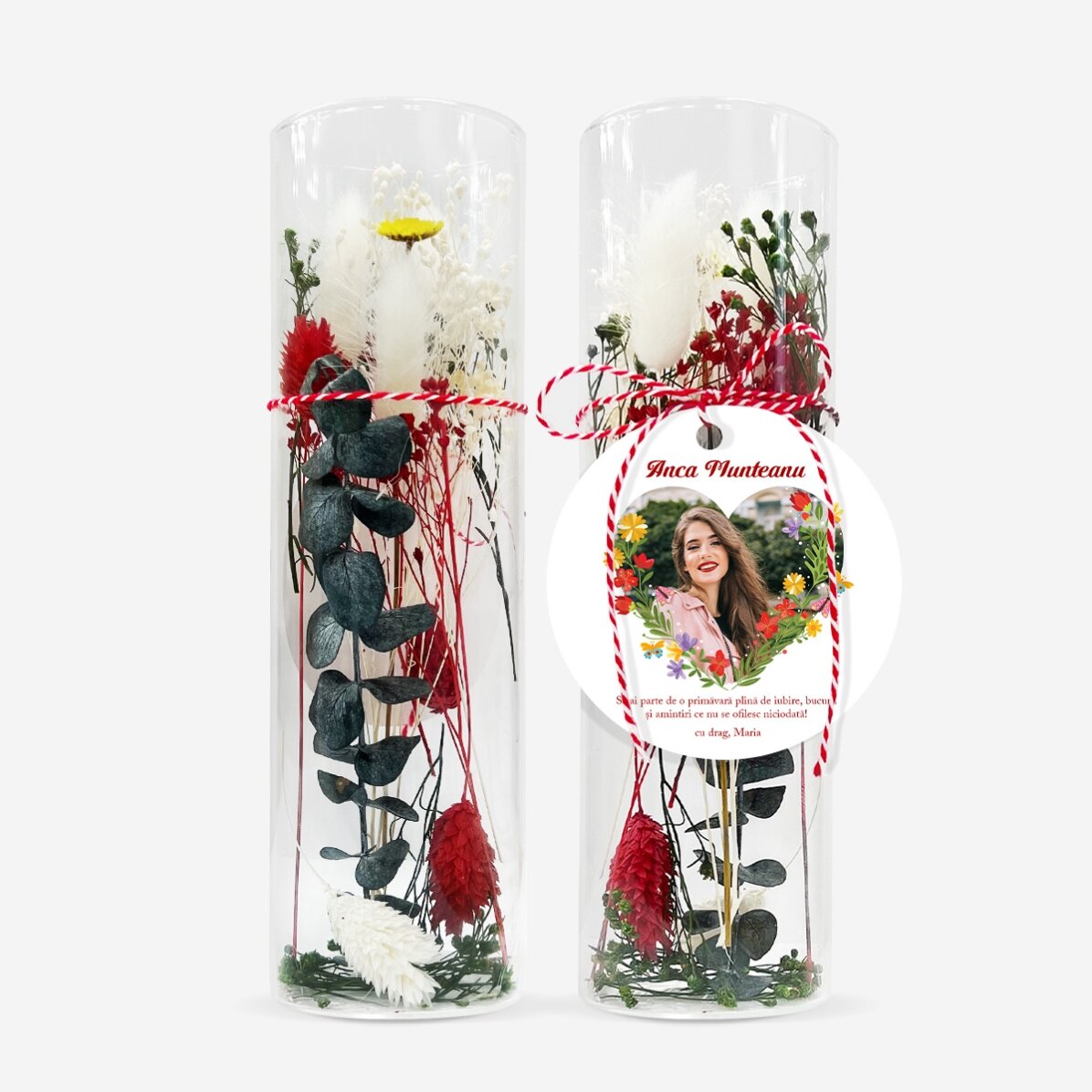 Ornament mărțișor din sticlă cu flori prezervate personalizat cu mesaj și poză - Inimă