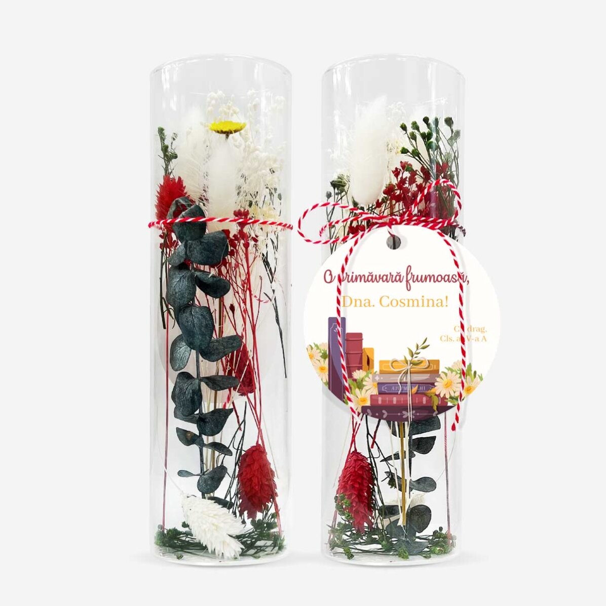 Ornament mărțișor din sticlă cu flori prezervate personalizat cu text pentru profesoară