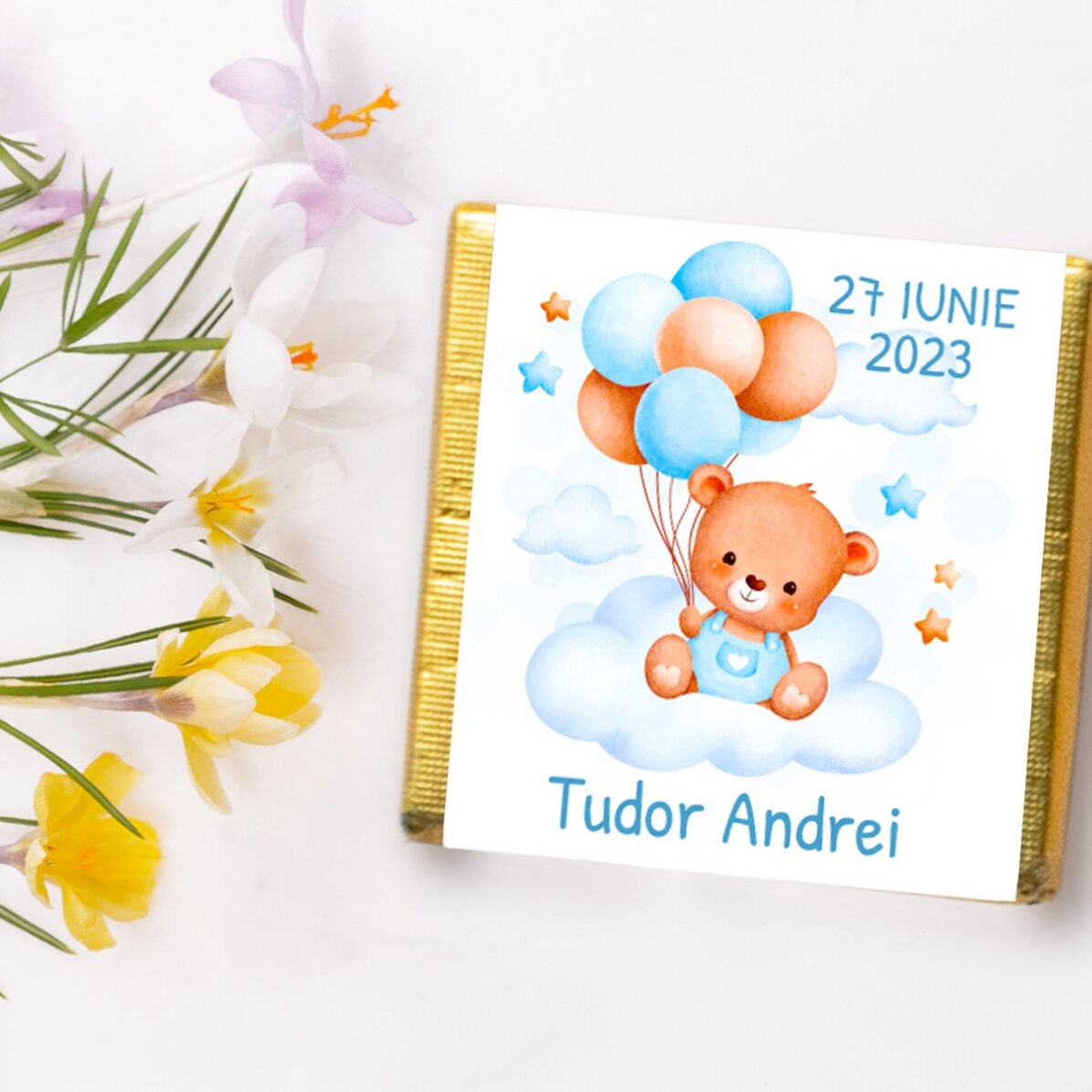 Mini ciocolată mărturie de botez personalizată cu text - Ursuleți