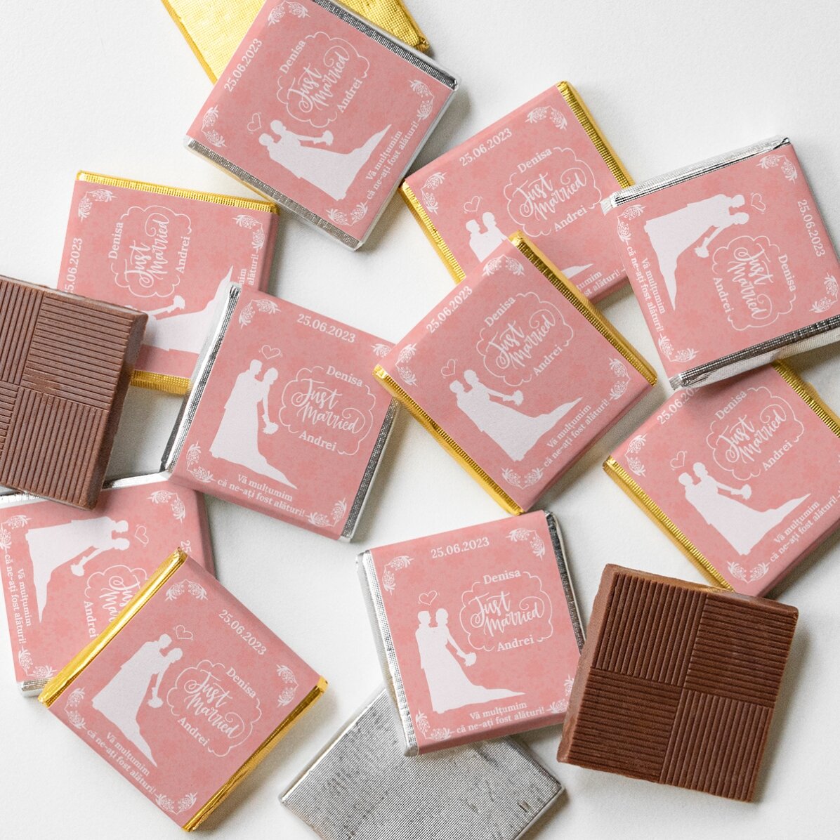 Mini ciocolată mărturie personalizată cu nume și mesaj - Just married