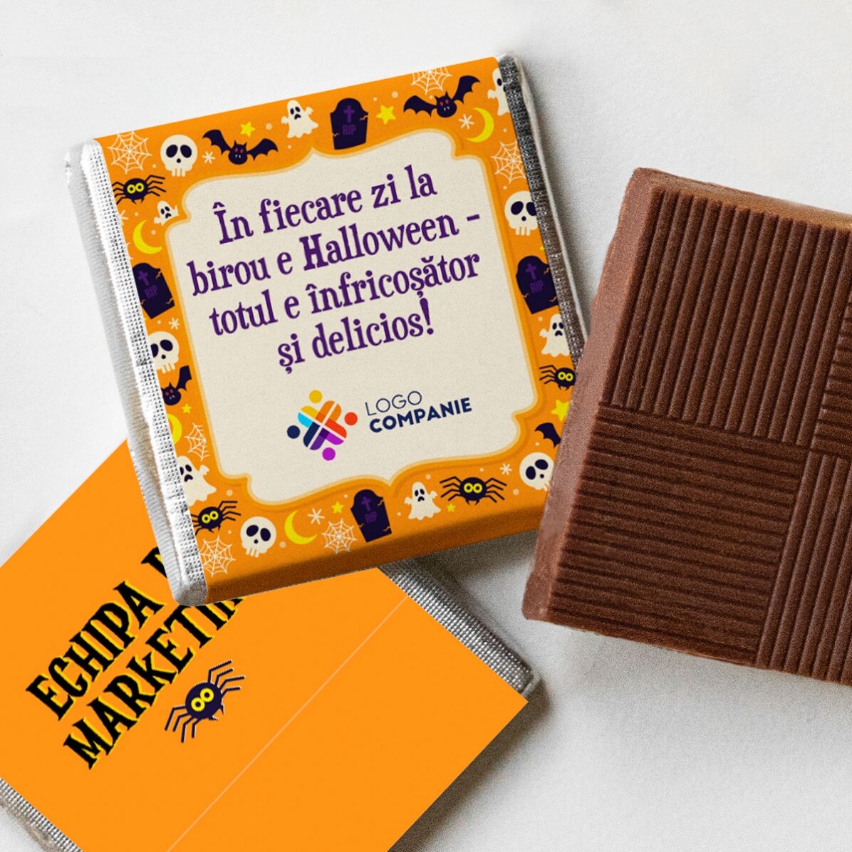 Mini ciocolată personalizată cu logo și mesaj de Halloween
