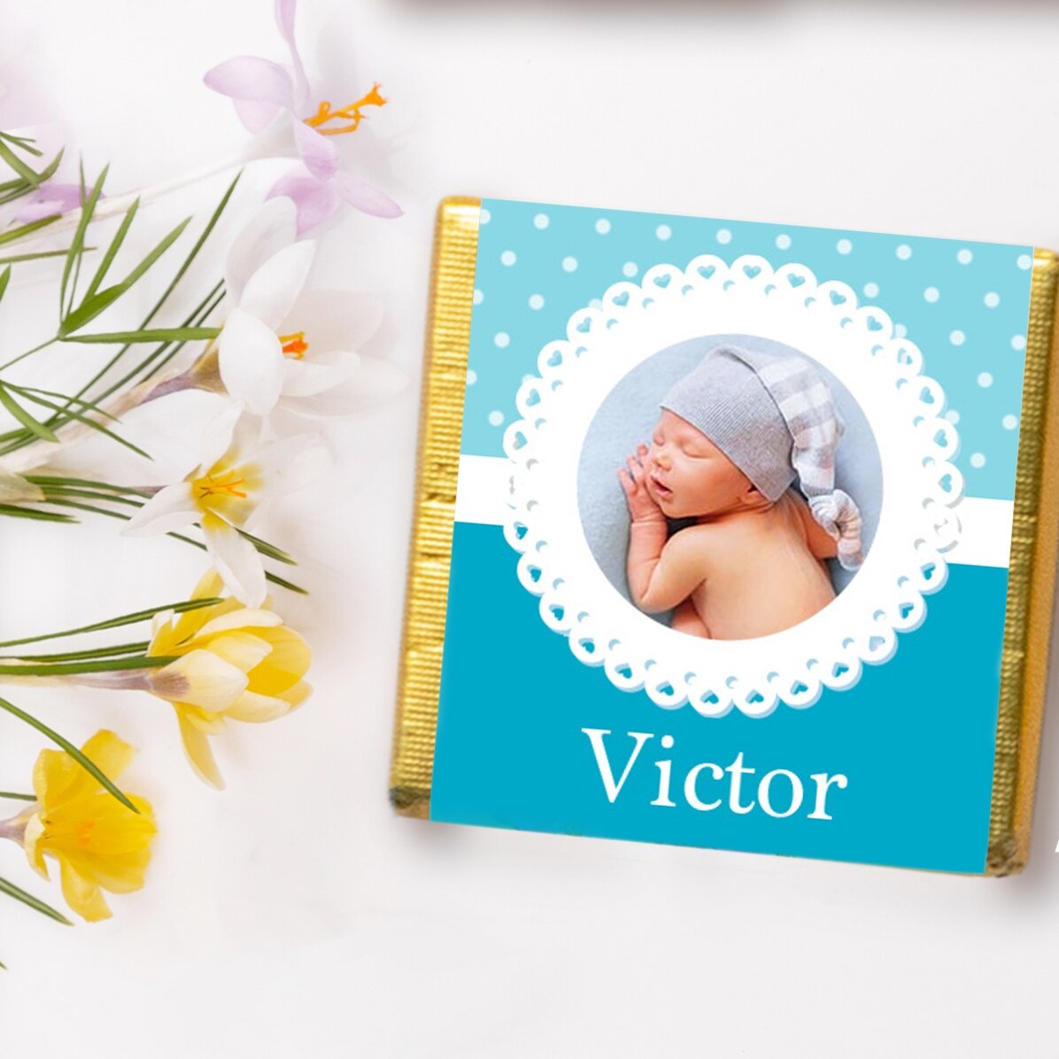 Mini ciocolată personalizată cu poză și text - Mărturie de botez 