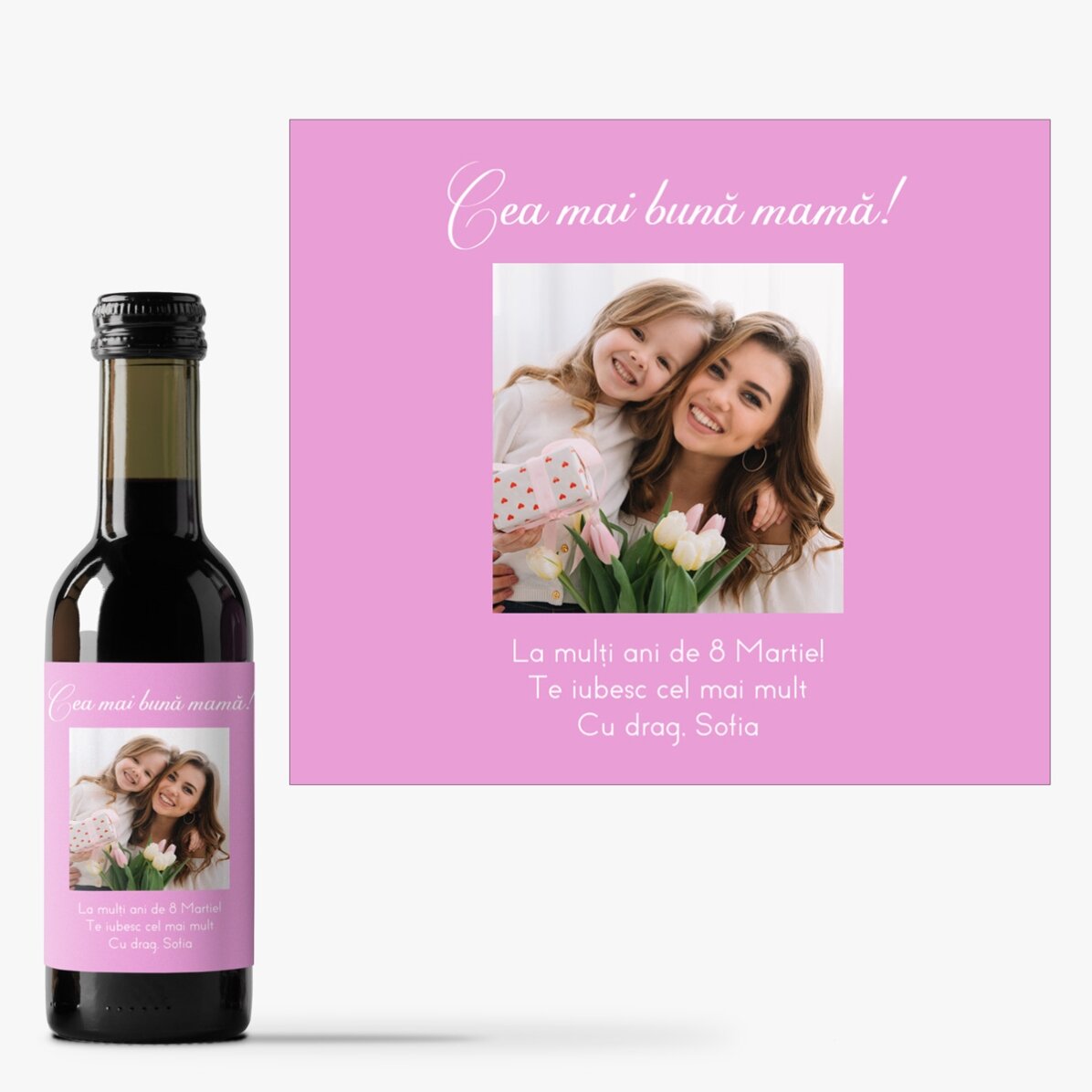 Mini sticluță de vin personalizată cu o poză și mesaj pentru cei dragi