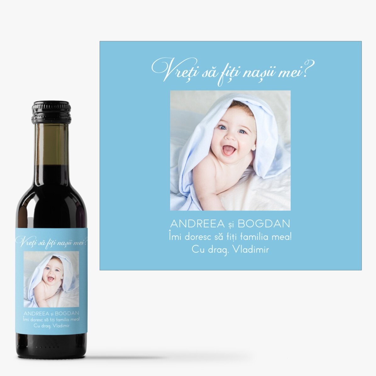 Mini sticluță de vin personalizată cu o poză și mesaj pentru cei dragi