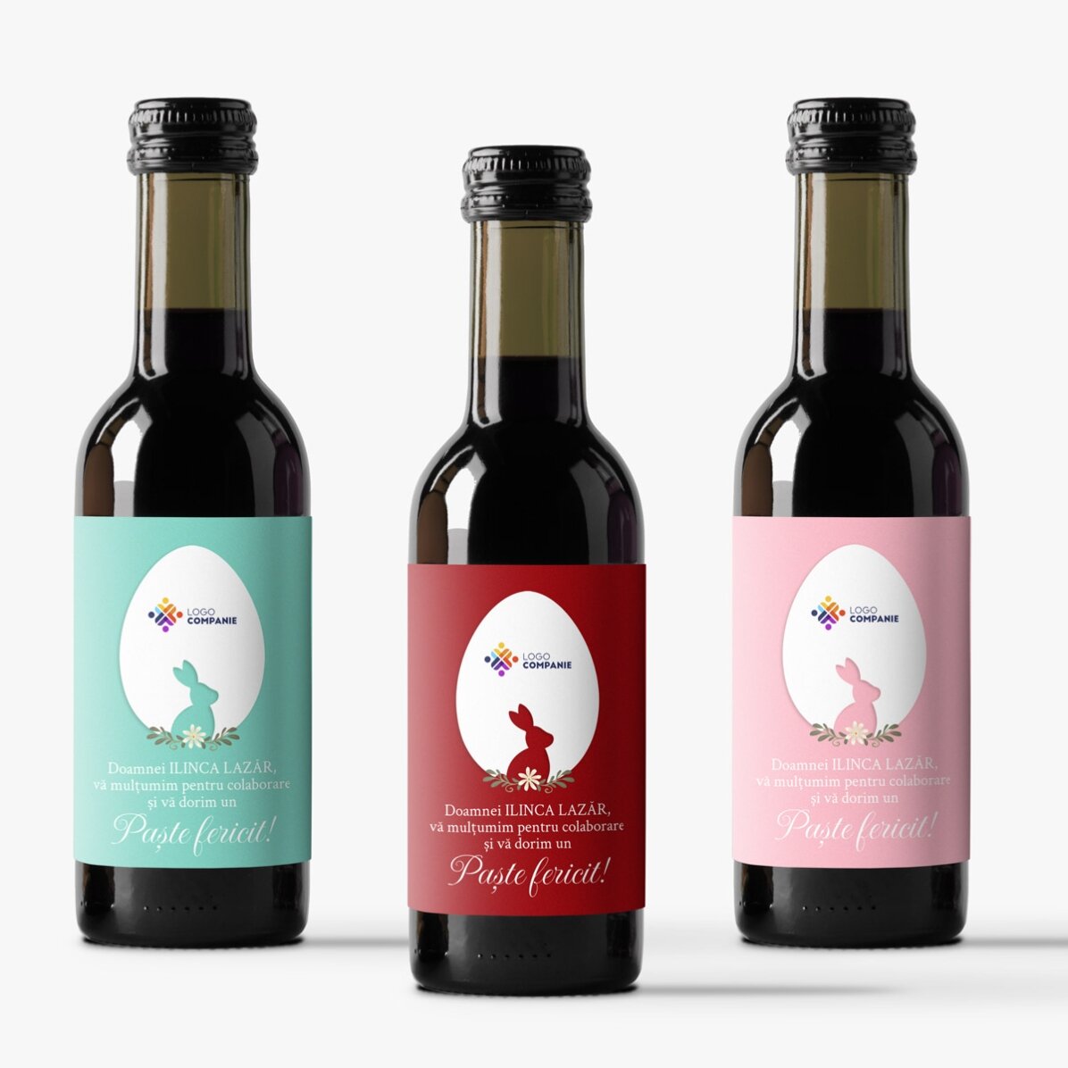 Mini sticluță de vin personalizată cu text și logo - Paște fericit