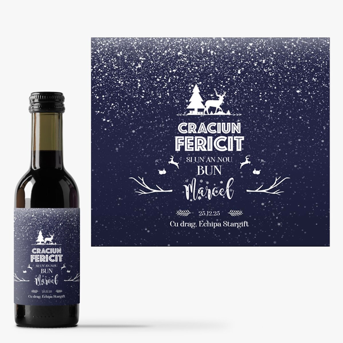 Mini sticluță de vin personalizată cu text - Snowing Night