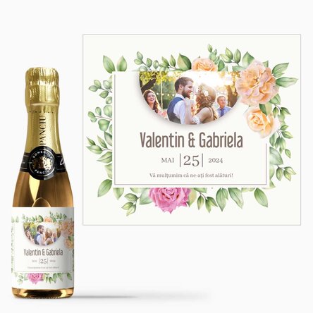Mini sticluță de vin spumant mărturie personalizată cu o poză și text - Felicitare florală