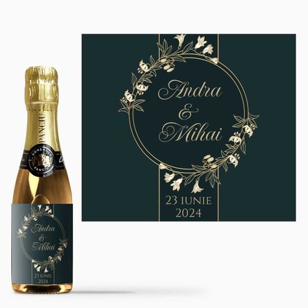 Mini sticluță de vin spumant mărturie personalizată cu text - Floral