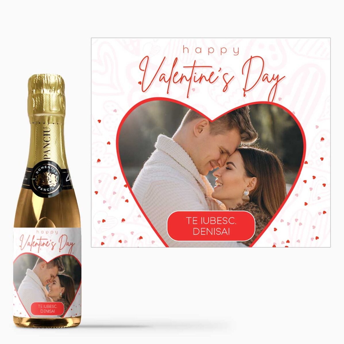 Mini sticluță de vin spumant personalizat cu o poză și text - Inimă