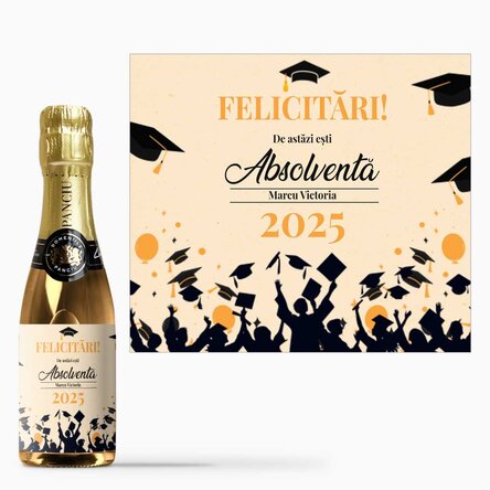 Mini sticluță de vin spumant personalizat cu text - Bucurie de absolvire