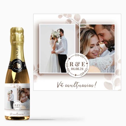 Mini sticluță de vin spumant personalizată cu 2 poze și text - Mărturii de nuntă
