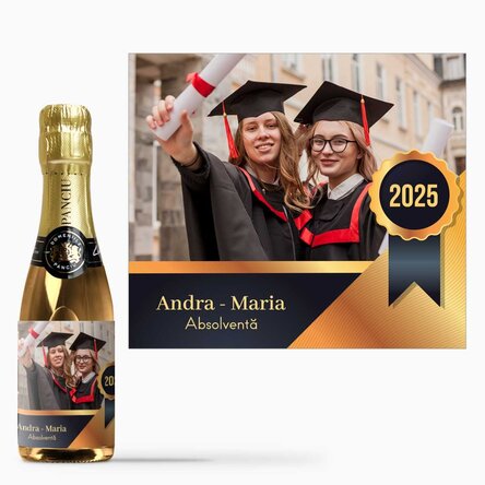 Mini sticluță de vin spumant personalizată cu mesaj și o poză - Absolvire