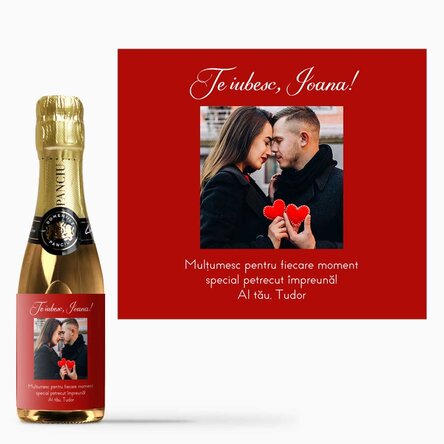 Mini sticluță de vin spumant personalizată cu o poză și mesaj pentru cei dragi