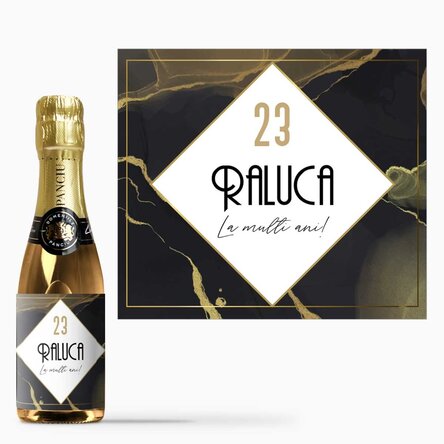Mini sticluță de vin spumant personalizată cu text - Abstract gold