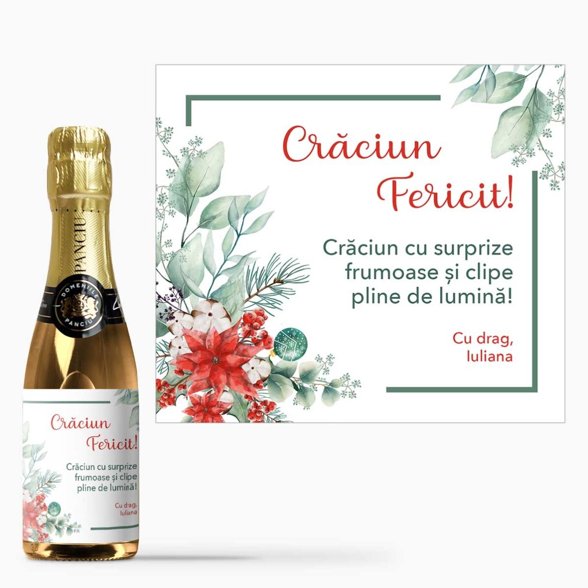 Mini sticluță de vin spumant personalizată cu text - Crăciun