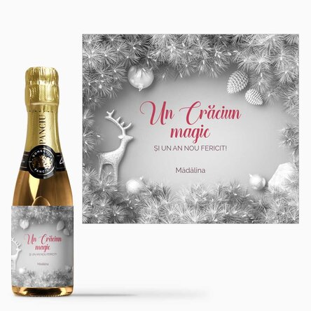 Mini sticluță de vin spumantpersonalizată cu text - Silver Christmas