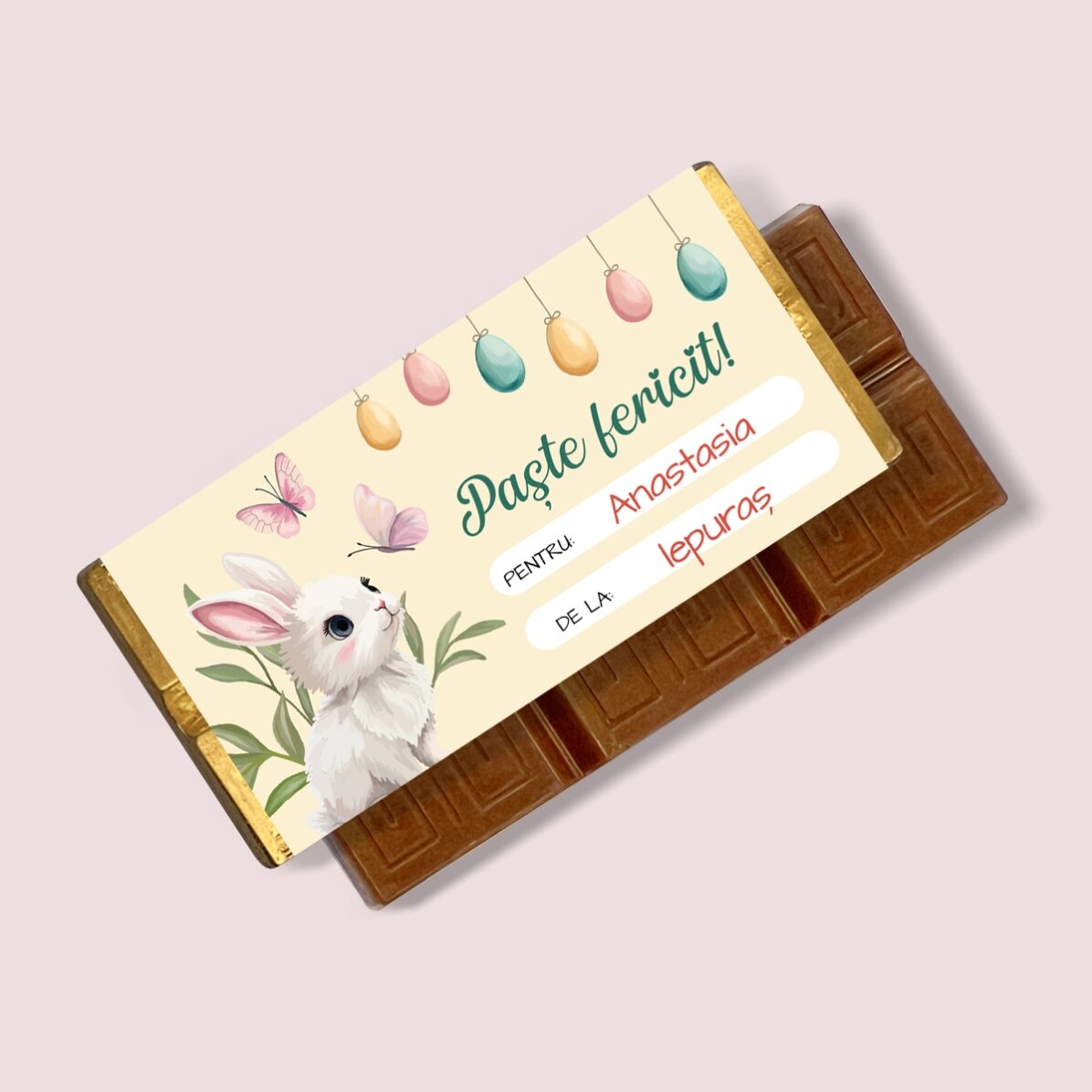 Mini tabletă de ciocolată personalizată cu mesaj - De la Iepuraș
