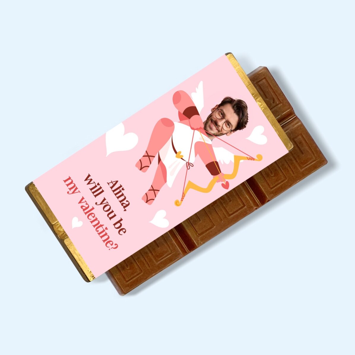 Mini tabletă de ciocolată personalizată cu o poză și mesaj - Cupid