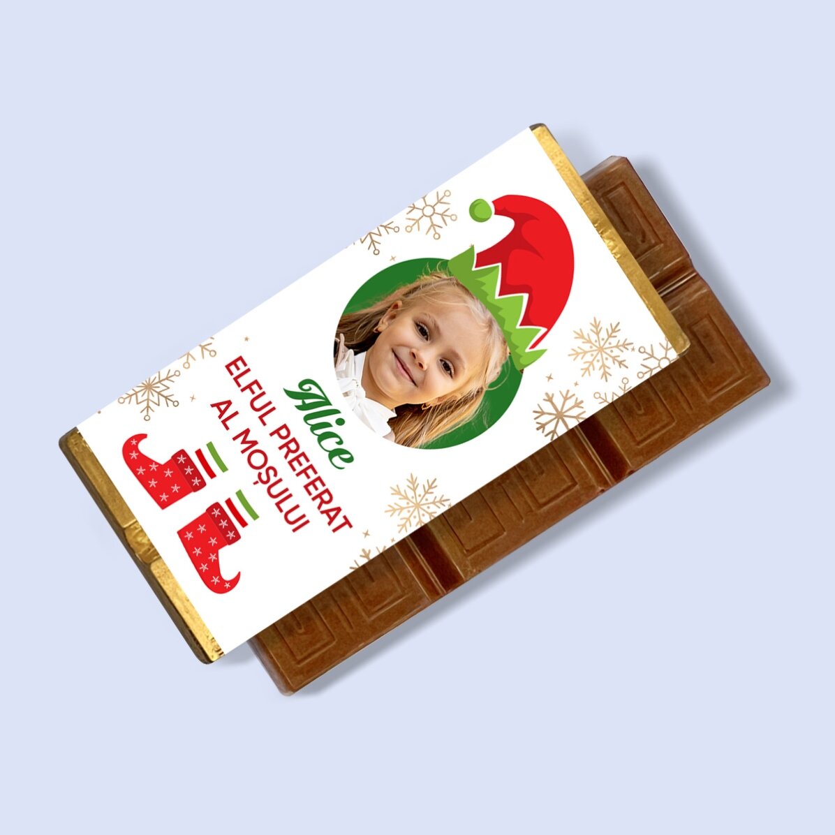 Mini tabletă de ciocolată personalizată cu o poză și mesaj - Elful preferat