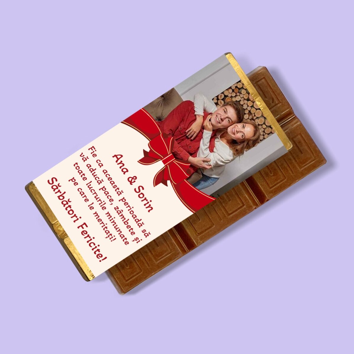 Mini tabletă de ciocolată personalizată cu o poză și text - Fundiță