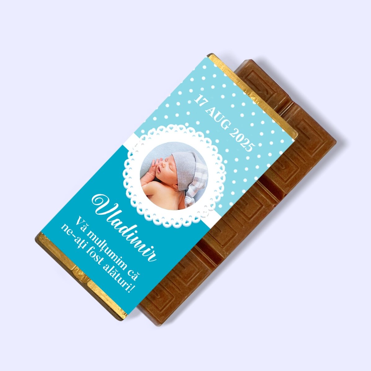 Mini tabletă de ciocolată personalizată cu poză și text - Mărturie de botez