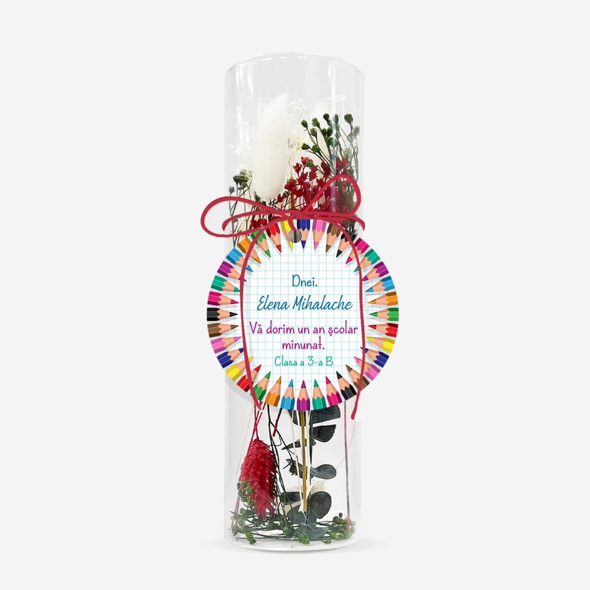 Ornament din sticlă cu flori prezervate personalizat cu mesaj pentru profesoare - Back to school