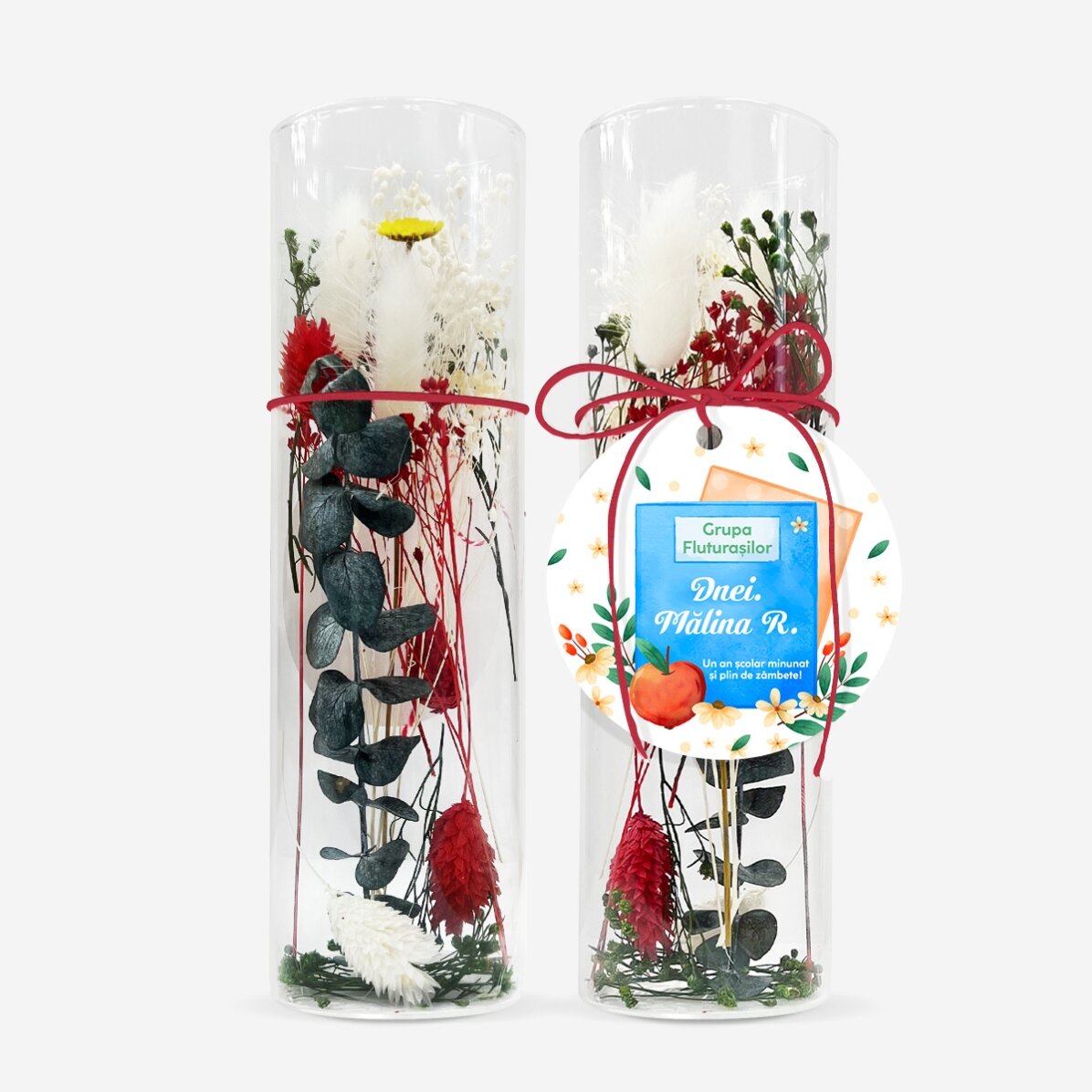 Ornament din sticlă cu flori prezervate personalizat cu mesaj pentru profesoare