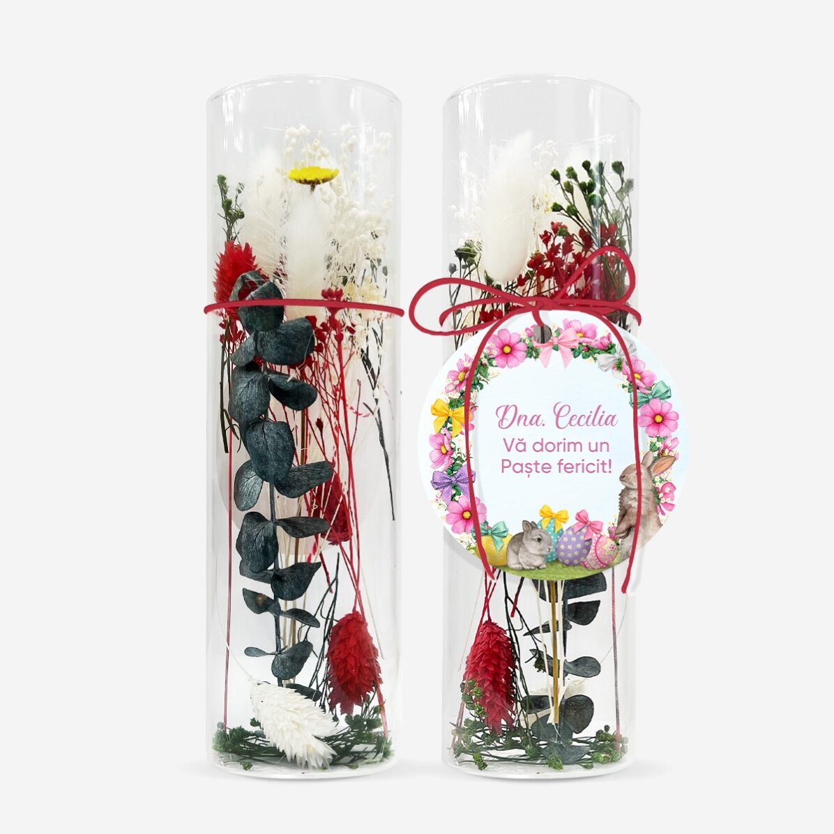 Ornament din sticlă cu flori prezervate personalizat cu text de Paște 