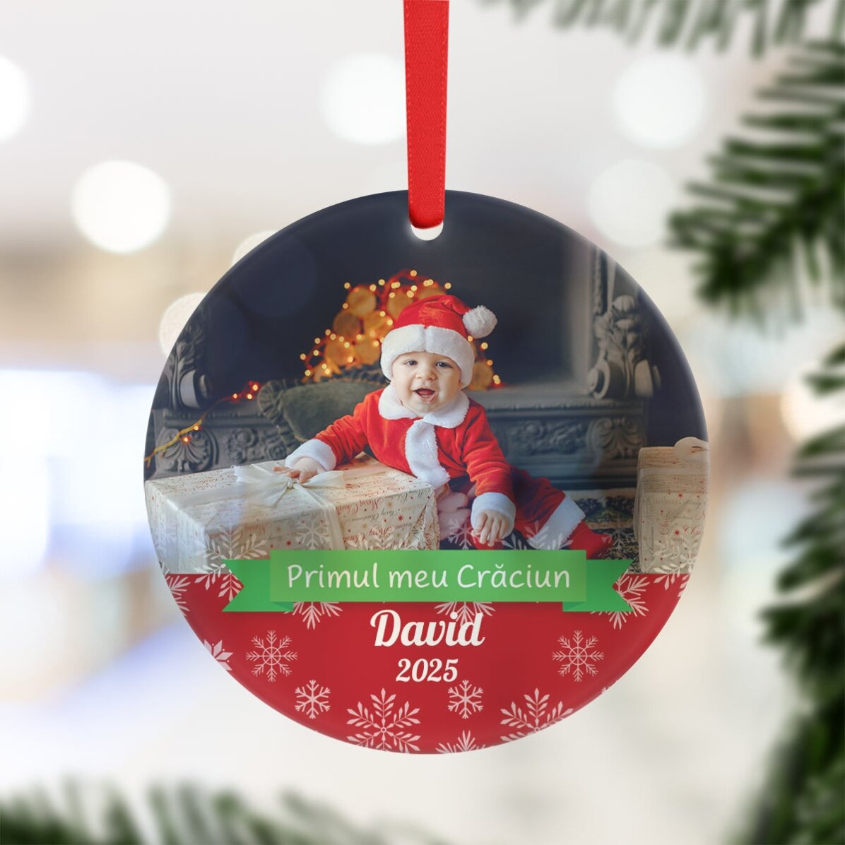 Ornament rotund personalizat cu poză și text - Primul meu Crăciun