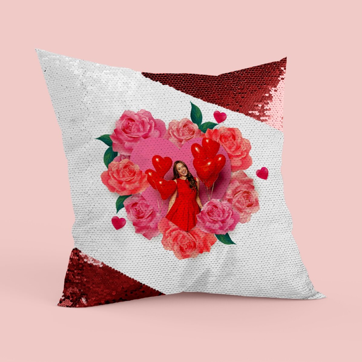 Pernă cu paiete personalizată cu o poză și trandafiri