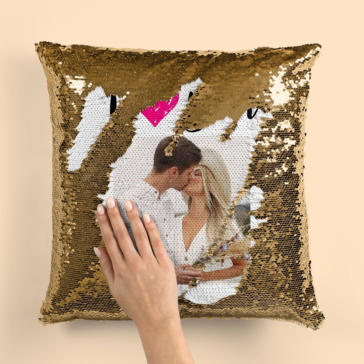 Pernă cu paiete personalizată cu poză - I love you