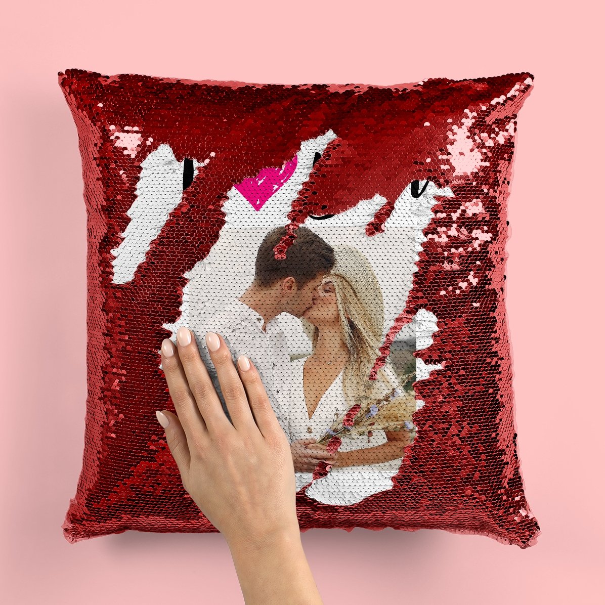 Pernă cu paiete personalizată cu poză - I love you