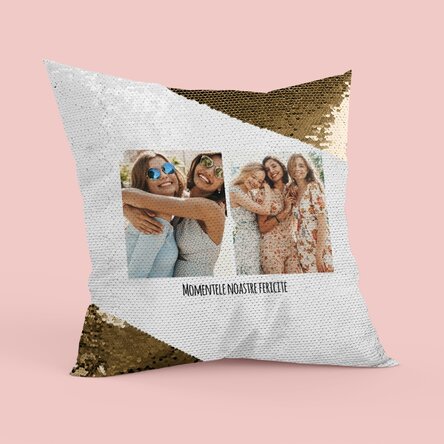 Pernă personalizată cu 2 poze portret și text - Paiete aurii