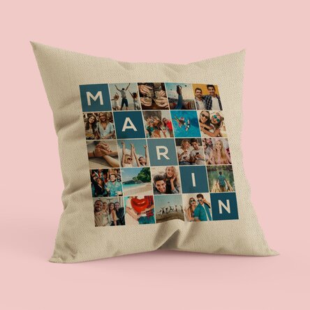 Pernă personalizată cu 20 poze și nume din 5 litere - In