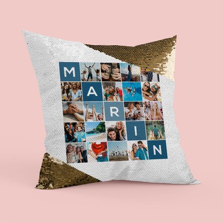 Pernă personalizată cu 20 poze și nume din 5 litere - Paiete aurii