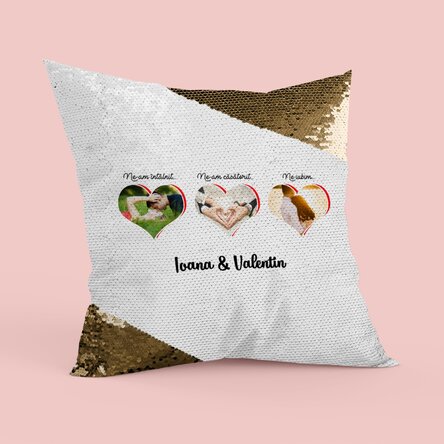 Pernă personalizată cu 3 poze - Povestea noastră - Paiete aurii