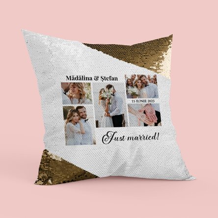 Pernă personalizată cu 5 poze și text - Memories - Paiete aurii
