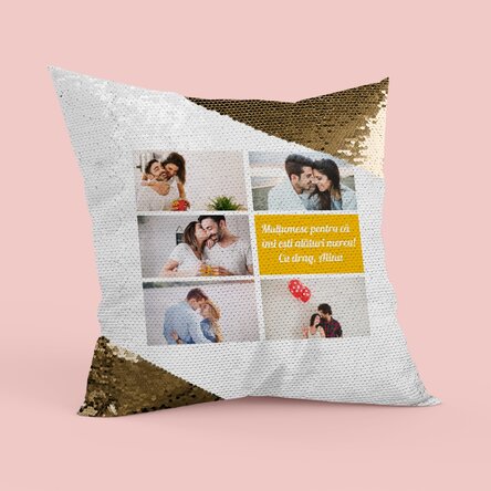 Pernă personalizată cu 5 poze și text - Paiete aurii