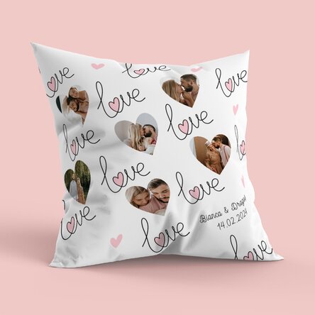 Pernă personalizată cu 6 poze inimă și mesaj - Love