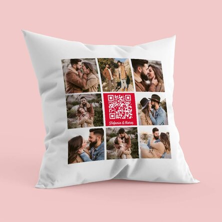 Pernă personalizată cu 8 poze, text și cod QR - Melodia noastră